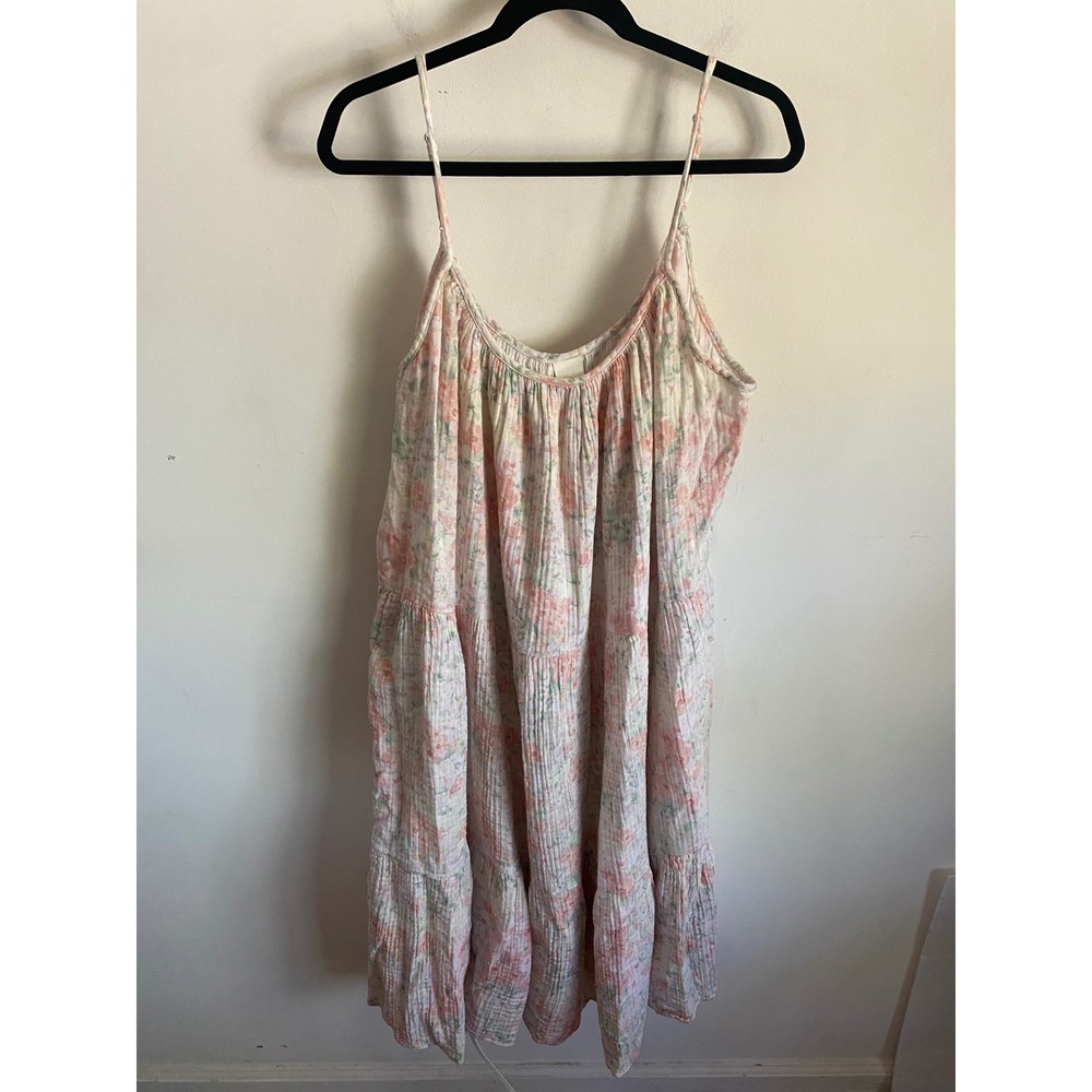 HM Womens XXL Floral Tiered Sun Dress Pink Green Cotton Gauze Spaghetti Strap